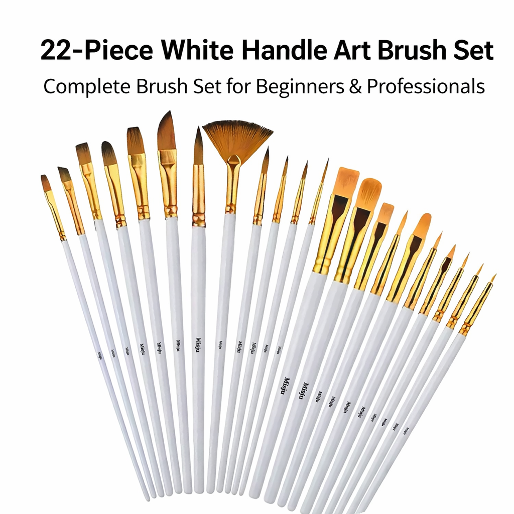 22-Piece White Handle Art Brush Set + Free Storage Pouch